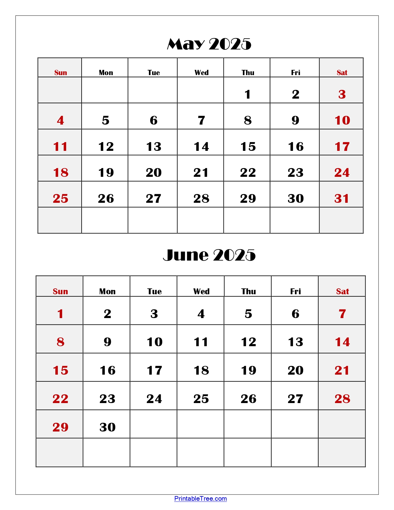 May and June 2025 Calendar Printable PDF | Two Months Calendar