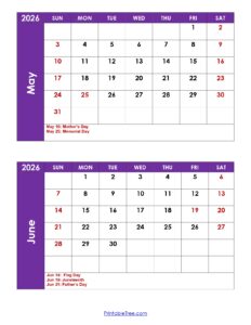 May and June 2026 Calendar Printable PDF | 2 Month Calendar Template