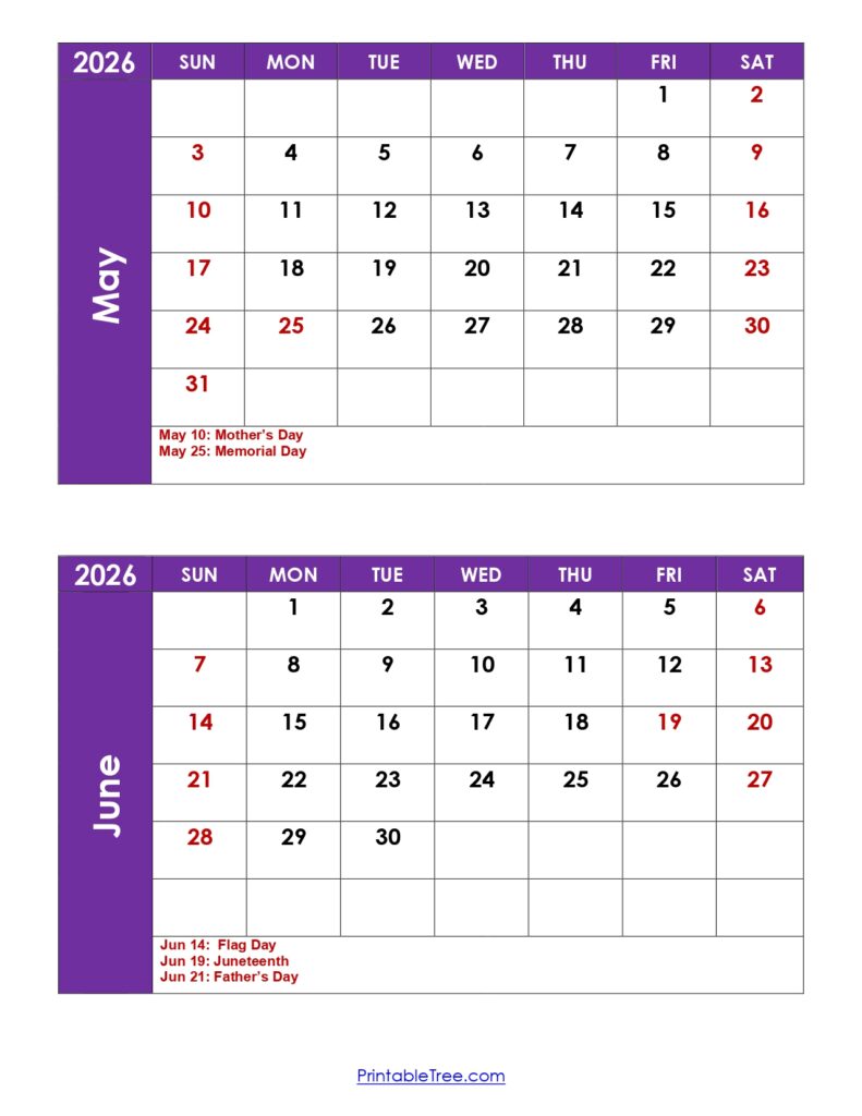 May and June 2026 Calendar with Holidays