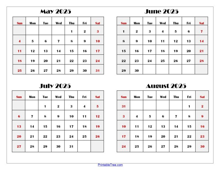 May to august 2025 calendar printable pdf four months calendar