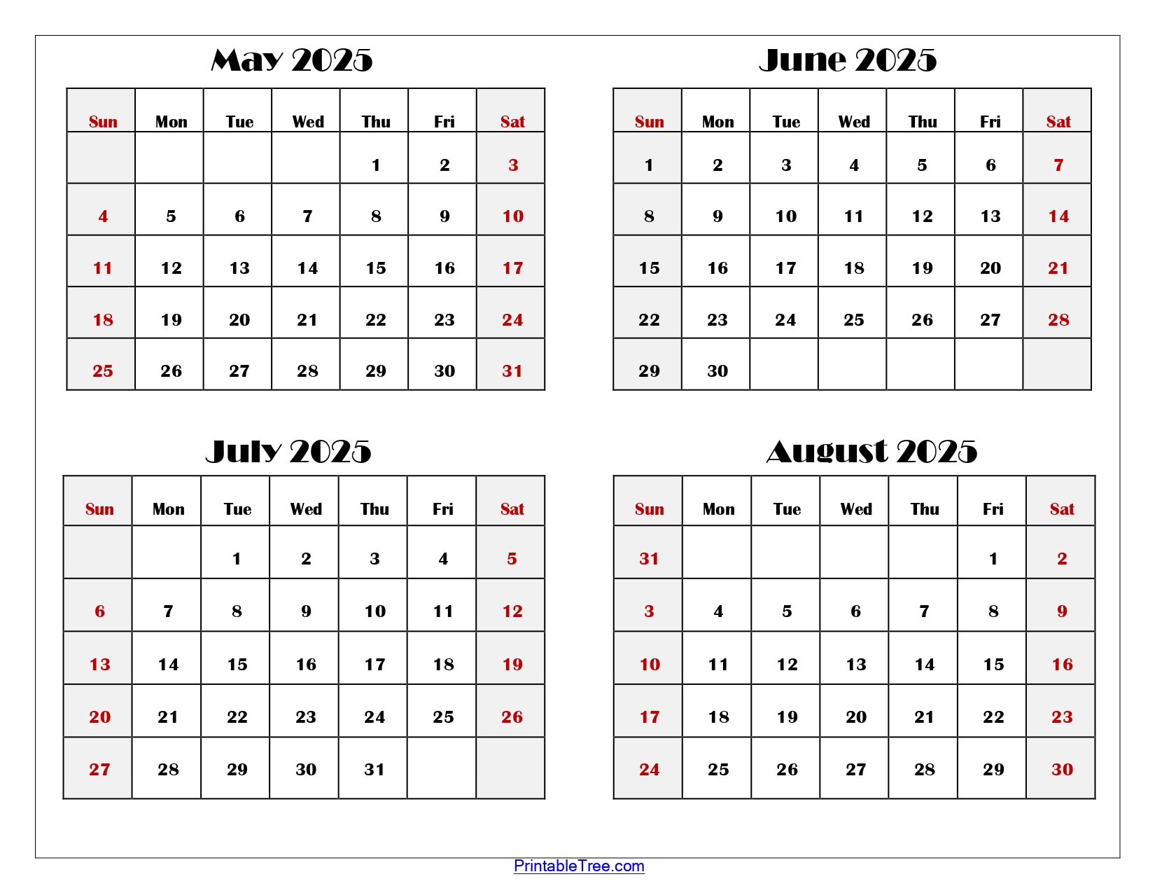 May to August 2025 Calendar Printable PDF | Four Months Calendar