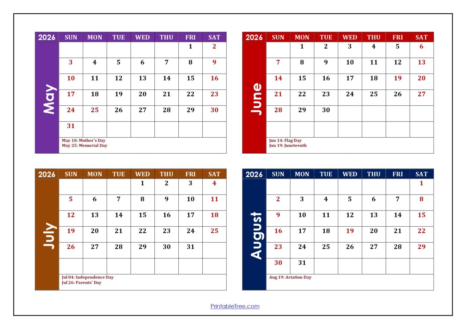 May to August 2026 Calendar Printable PDF | Four Month Calendar