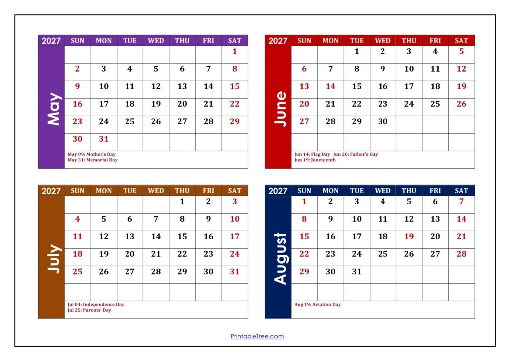May to August 2027 Calendar with Holidays
