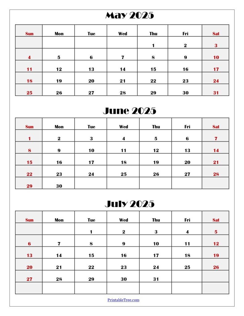 May to July 2025 Calendar Printable PDF | Three Months Calendar