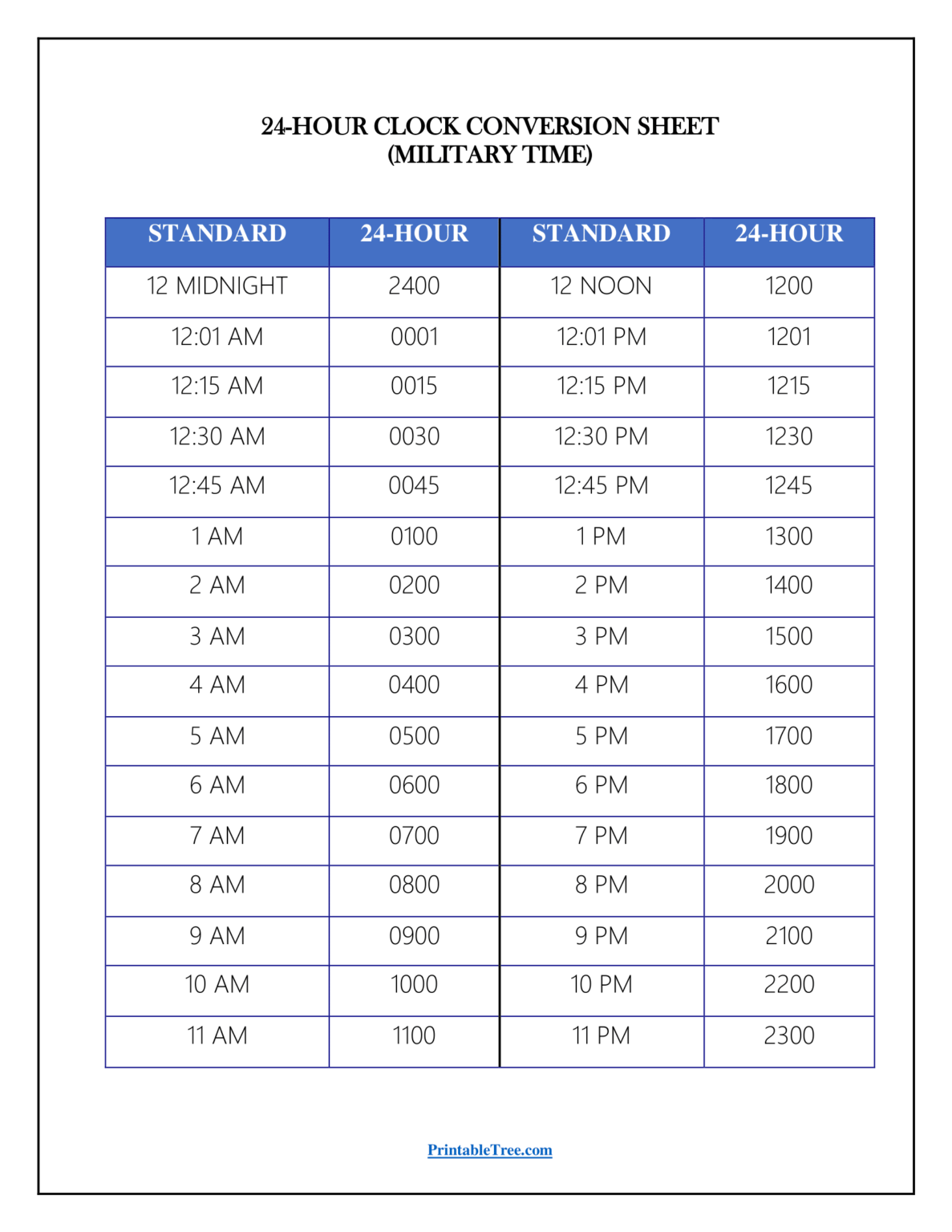 Free Printable Military Time Chart Templates - Printable Tree