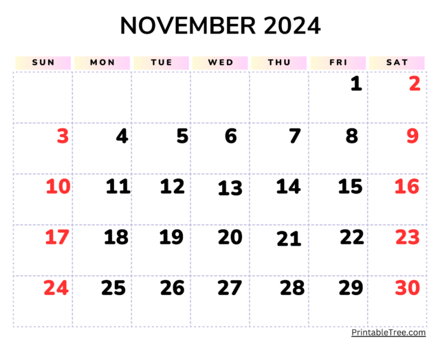 November 2024 Calendar Printable PDF Template With Holidays