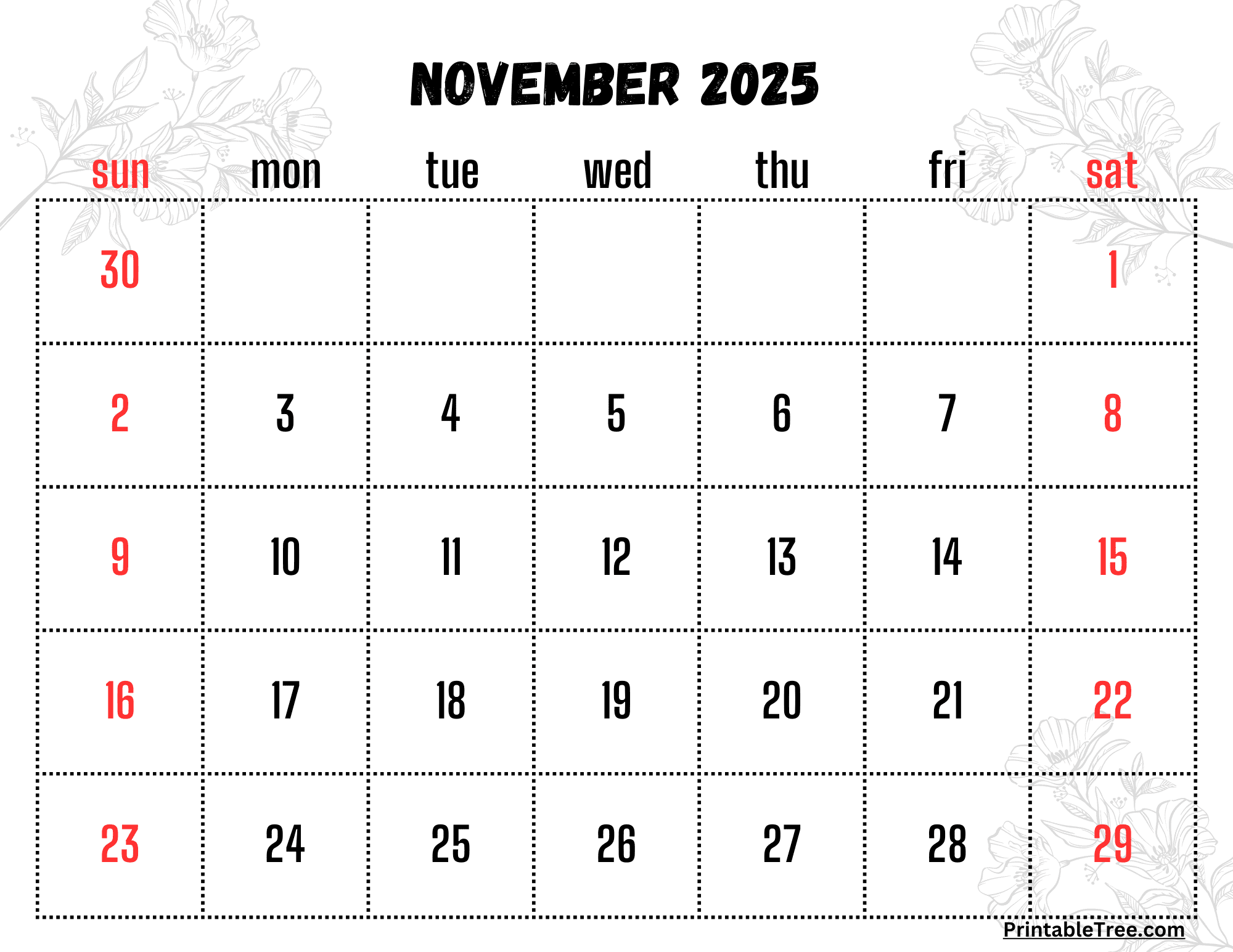 November 2025 Calendar Printable PDF Template with Holidays