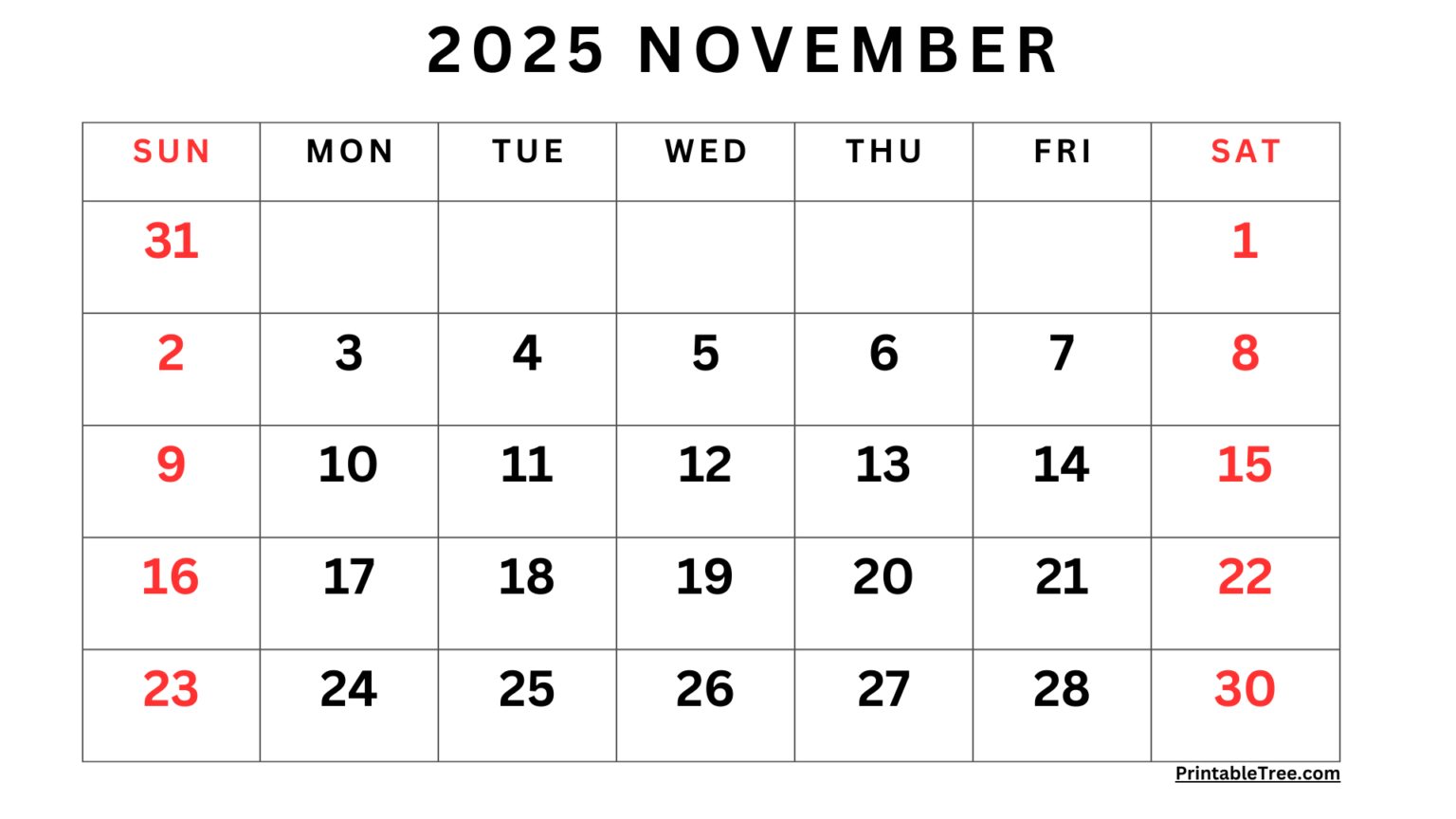 November 2025 Calendar Printable PDF Template with Holidays