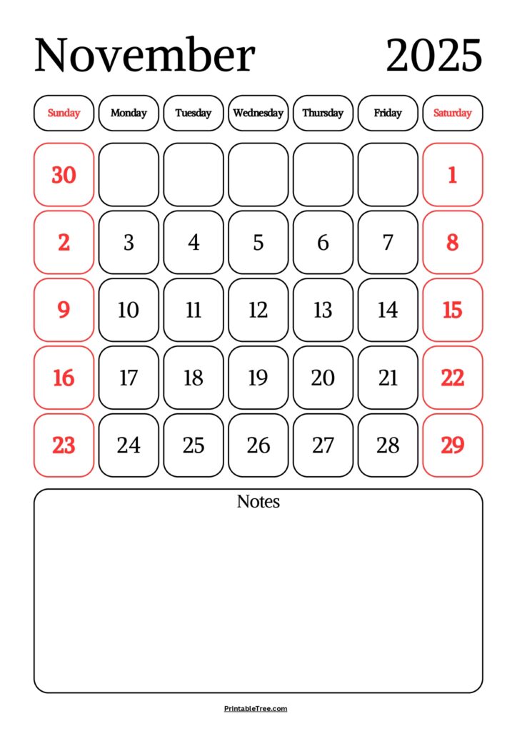 November 2025 Calendar with notes