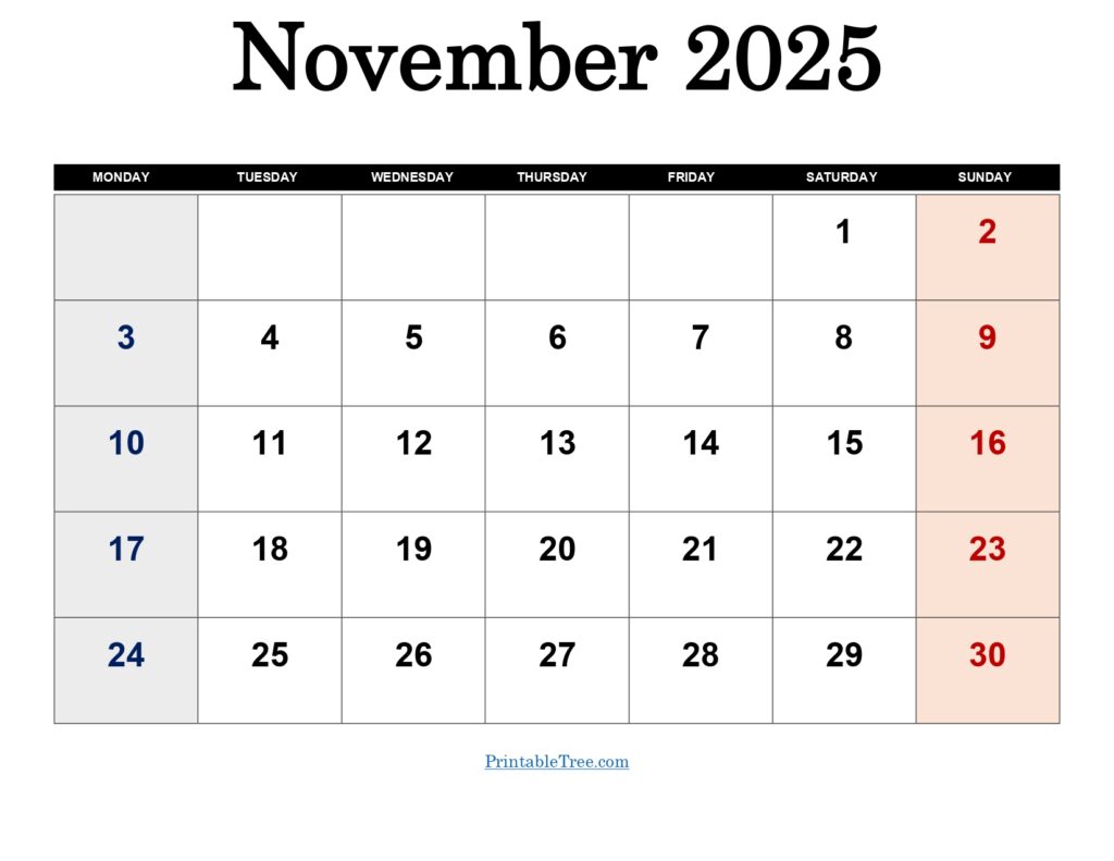 November 2025 Monday Start Calendar