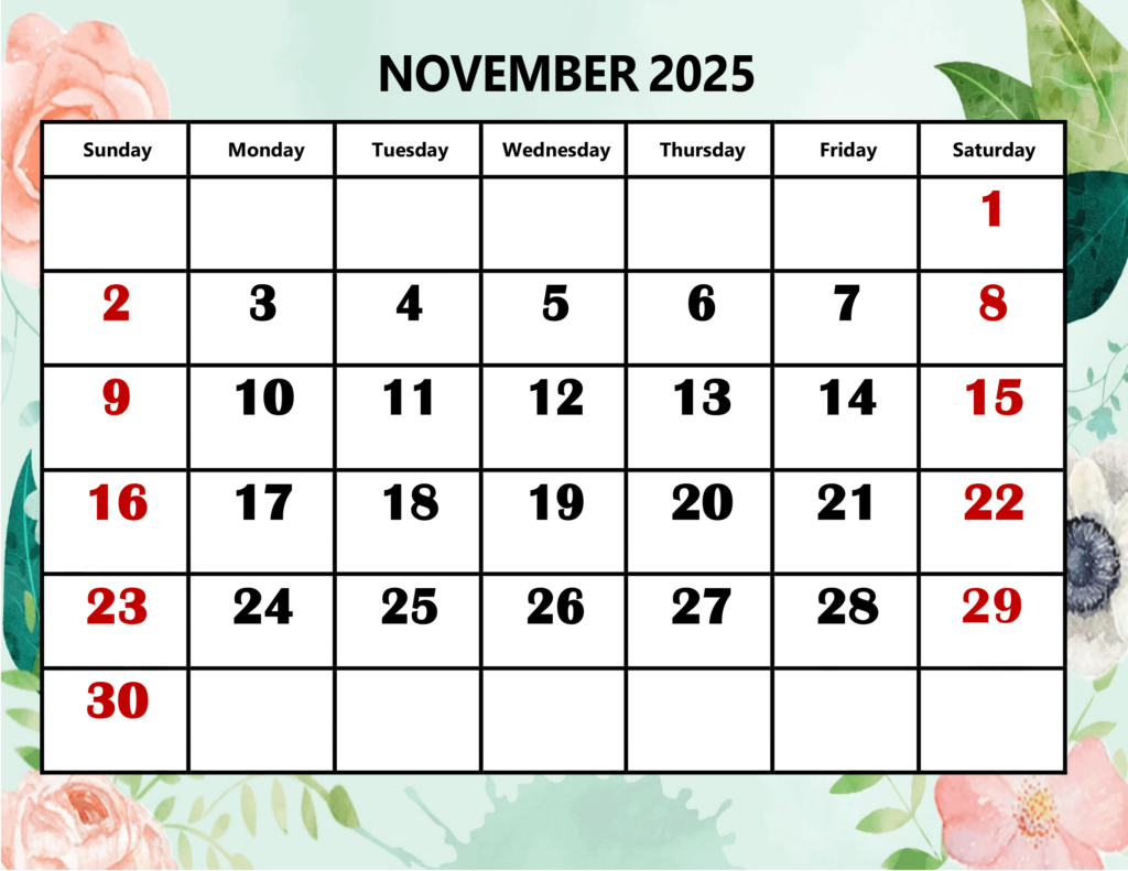 November 2025 Rose and Leaf Background Calendar