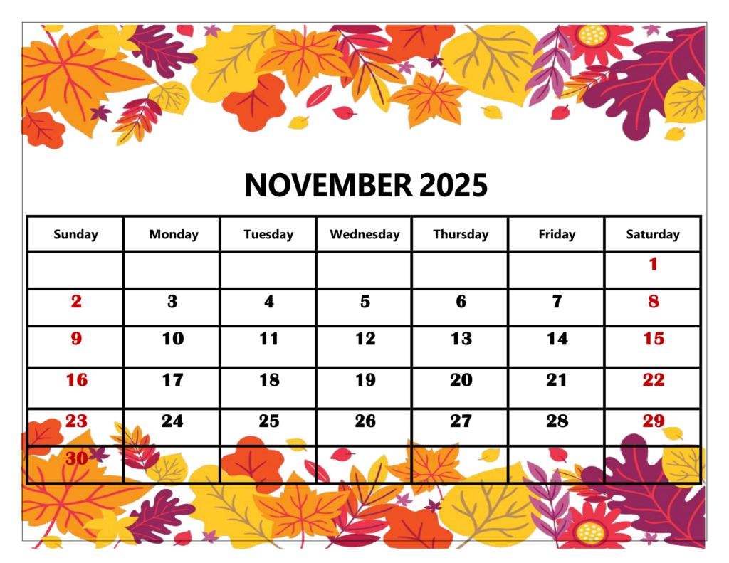 November 2025 Yellow Leaf Calendar Printable