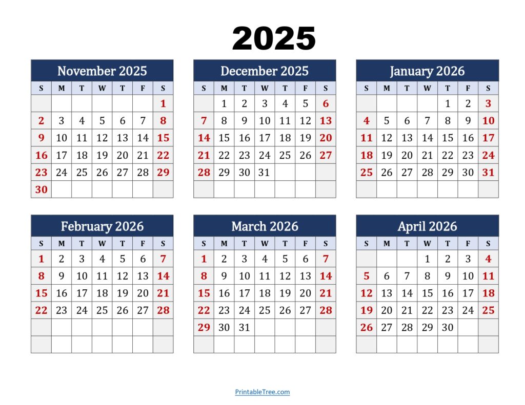 November 2025 to April 2026 Calendar