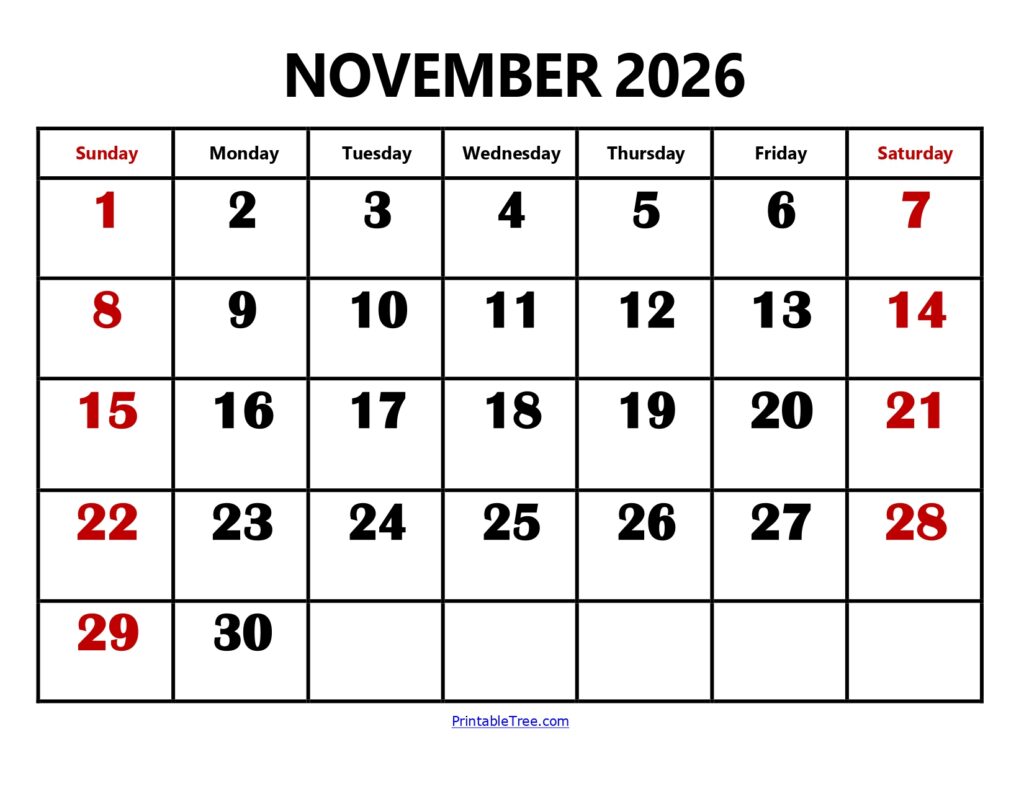 November 2026 Calendar Large Number