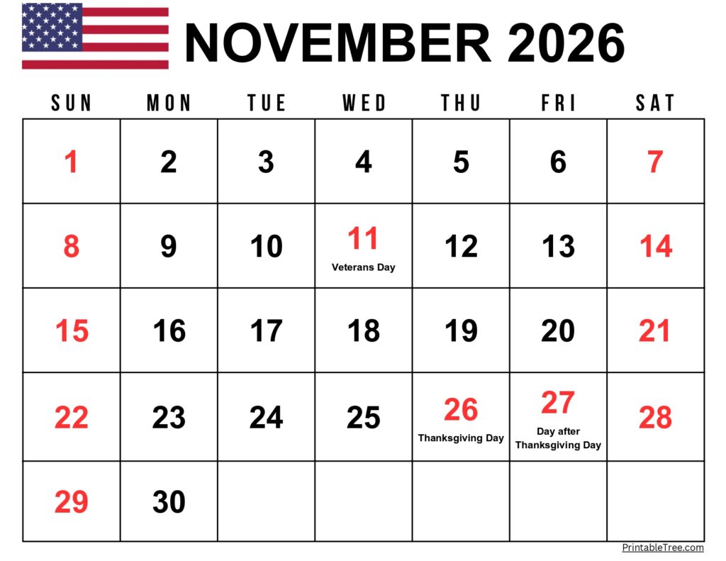 November 2026 Calendar with US Holidays