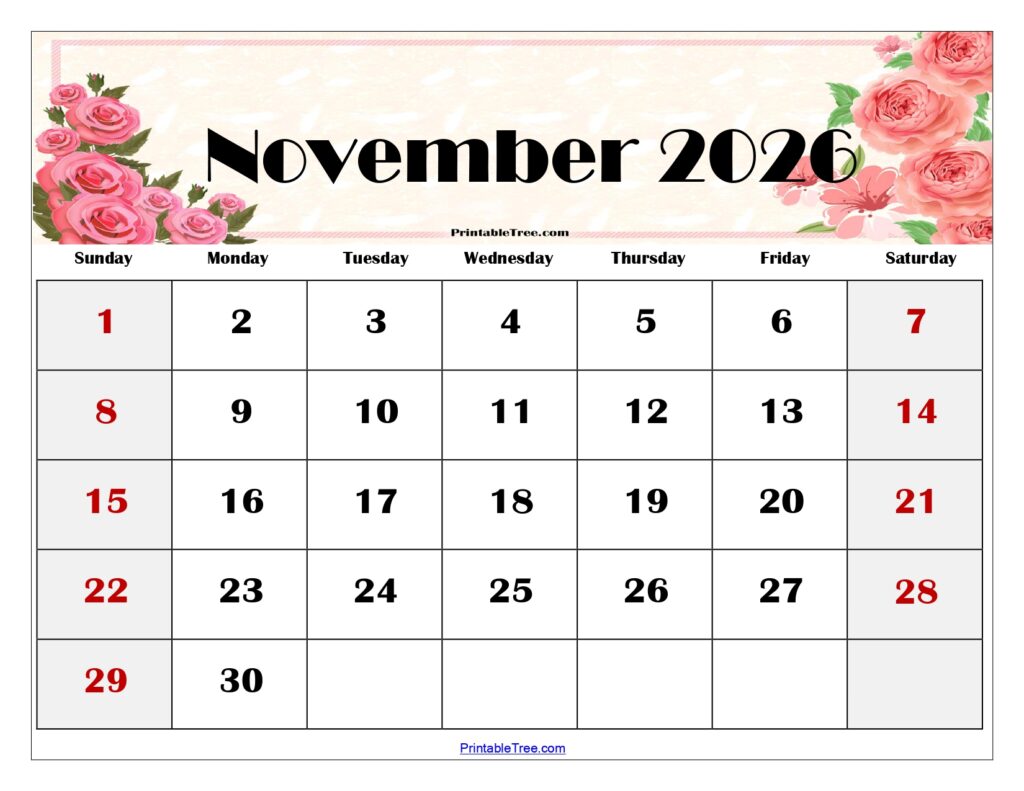 November 2026 Floral Calendar Printable