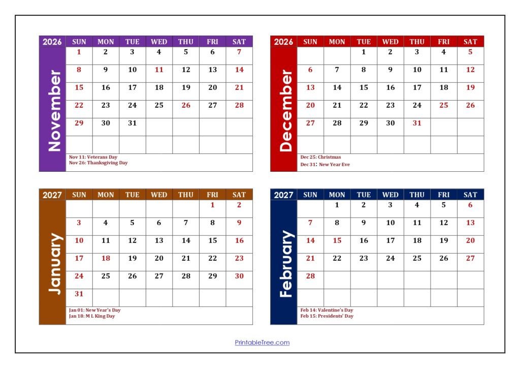 November 2026 to February 2027 Calendar with Holidays