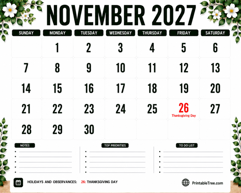 November 2027 Calendar Floral Style