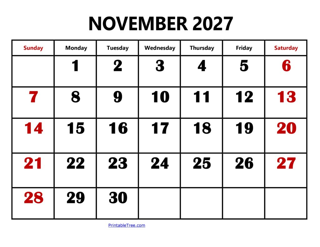 November 2027 Calendar Large Number