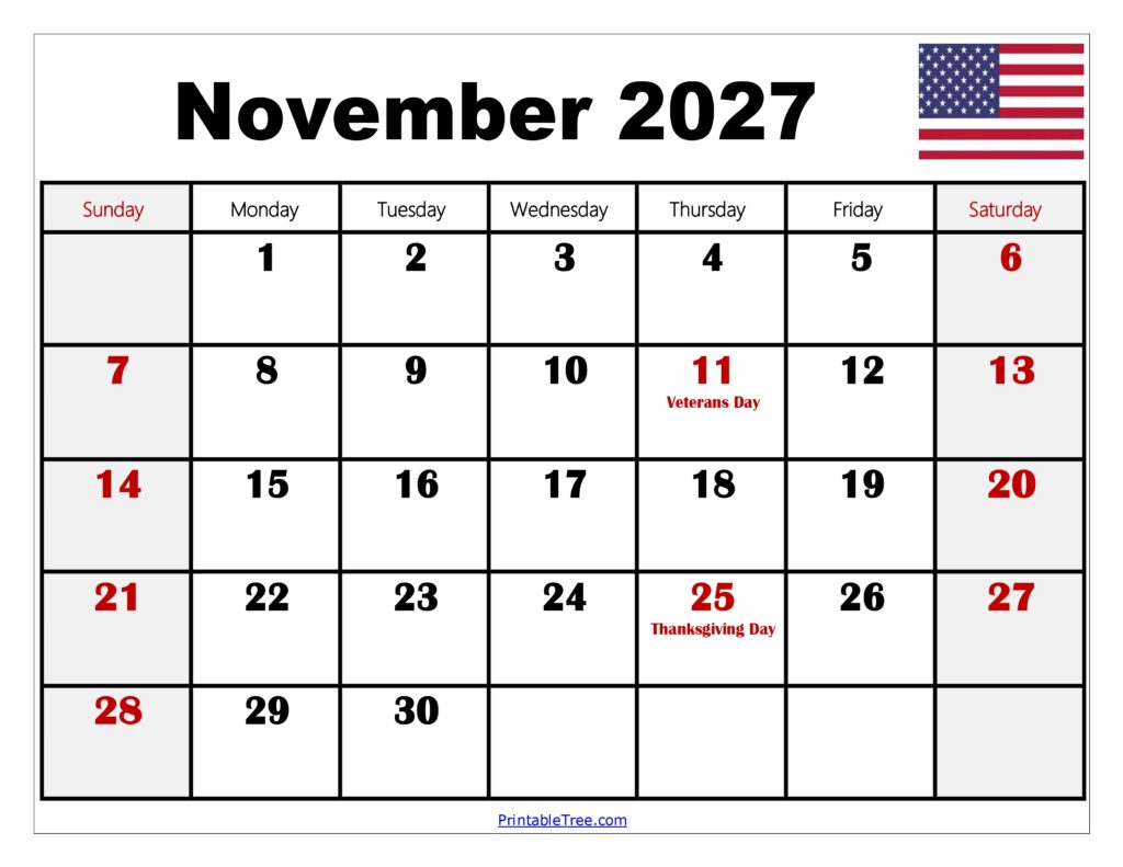 November 2027 Calendar with Holidays