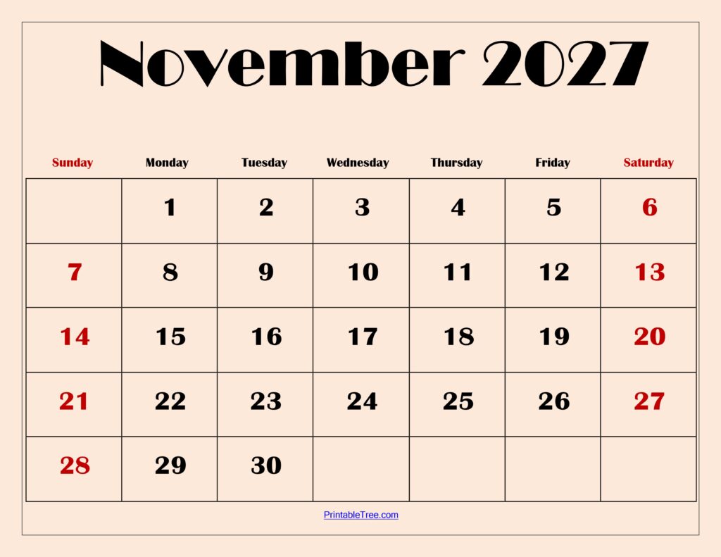 November 2027 Calendar with Light Pink