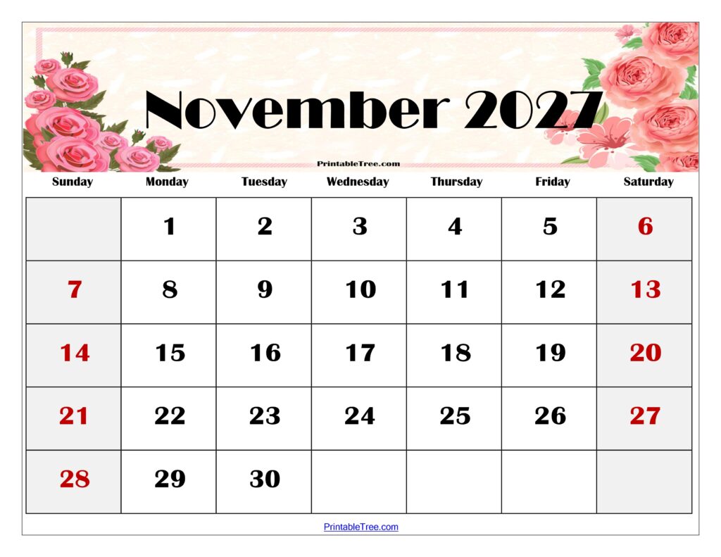 November 2027 Floral Calendar Printable