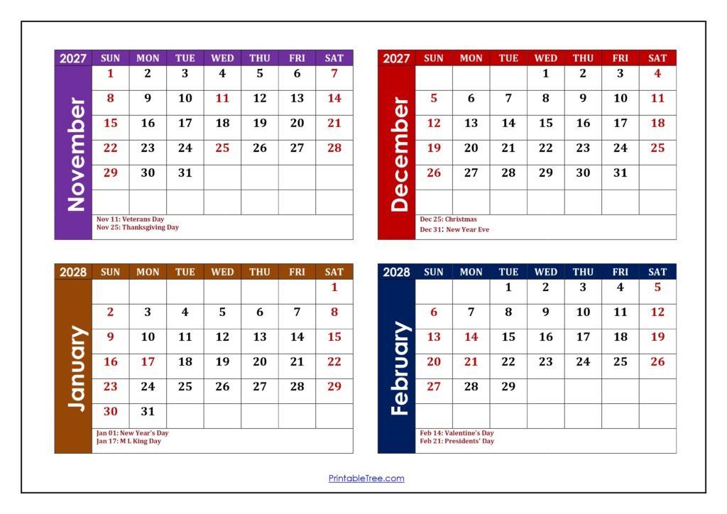 November 2027 to February 2028 Calendar with Holidays