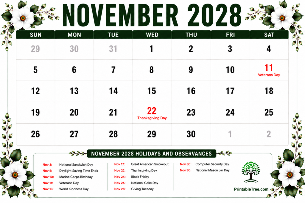November 2028 Calendar with Holidays
