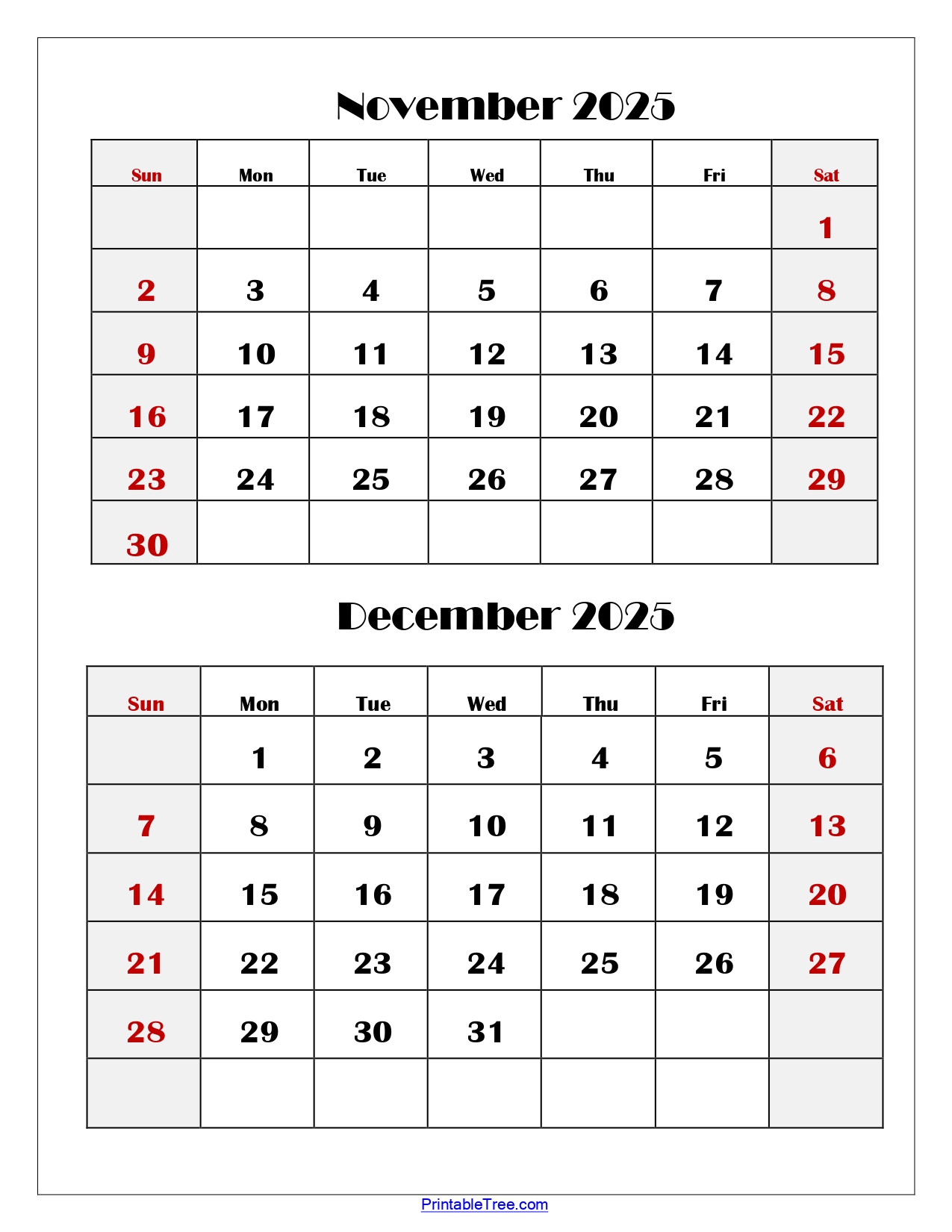 November and December 2025 Calendar Printable PDF | Two Months Calendar