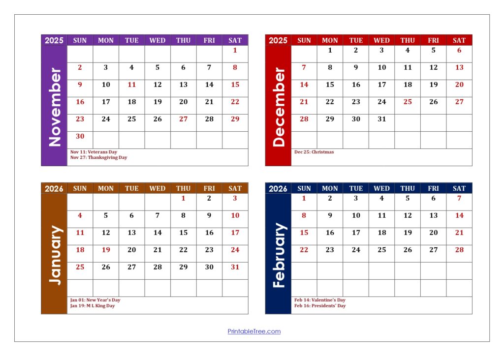 November to February 2026 Calendar with Holidays