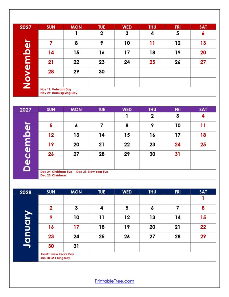 November to January 2028 Calendar with Holidays