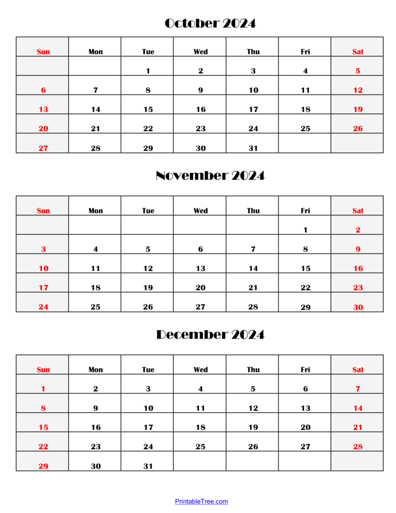 October 2024 to December 2024 - 3 Months Calendar