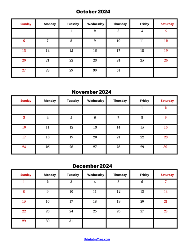October 2024 to December 2024 -Three Month Calendar