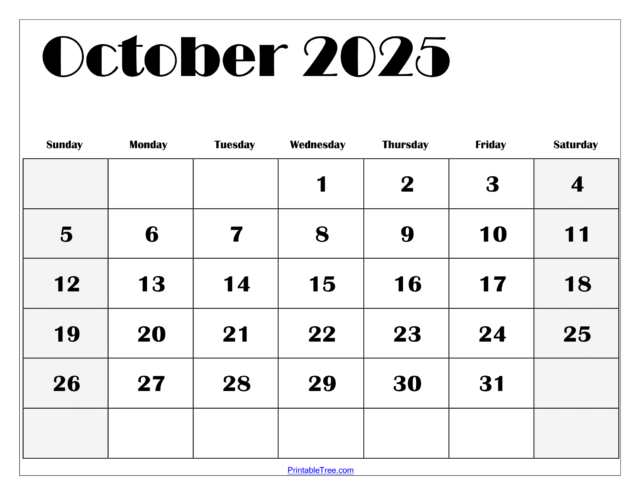 October 2025 Calendar Printable PDF Template with Holidays