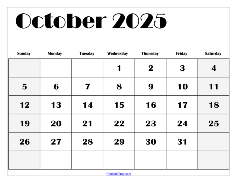 October 2025 Calendar Printable PDF Template with Holidays