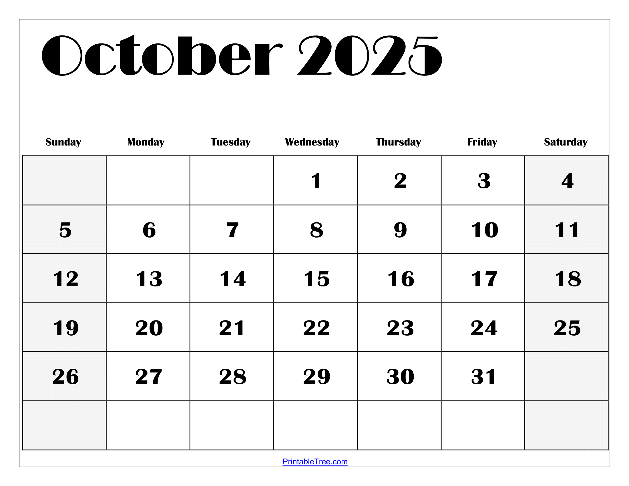 October Printable Calendar 2025 Template