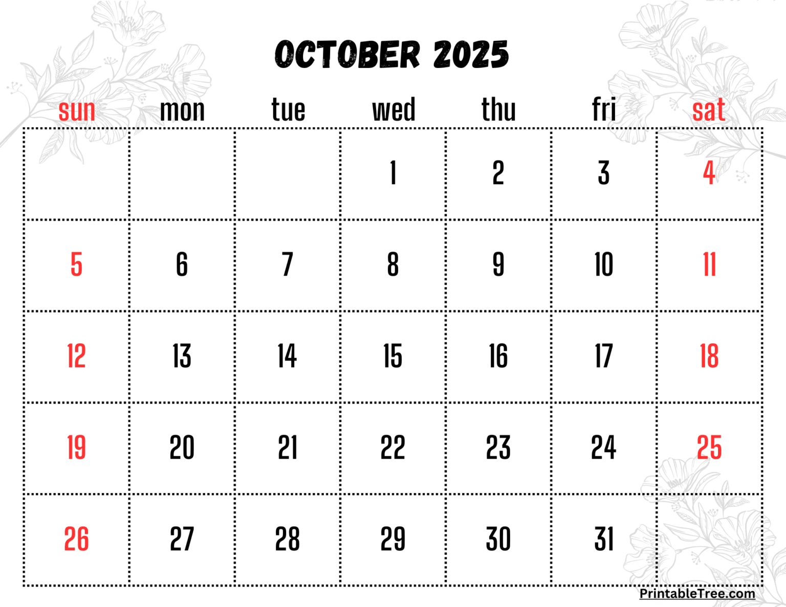 October 2025 Calendar Printable PDF Template with Holidays
