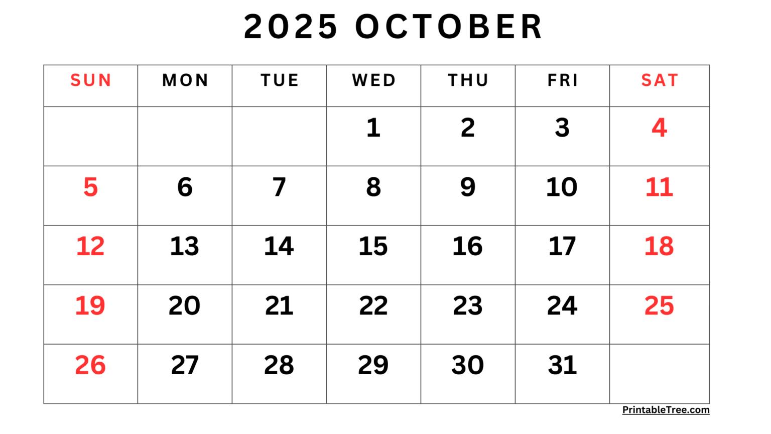 October 2025 Calendar Printable PDF Template with Holidays