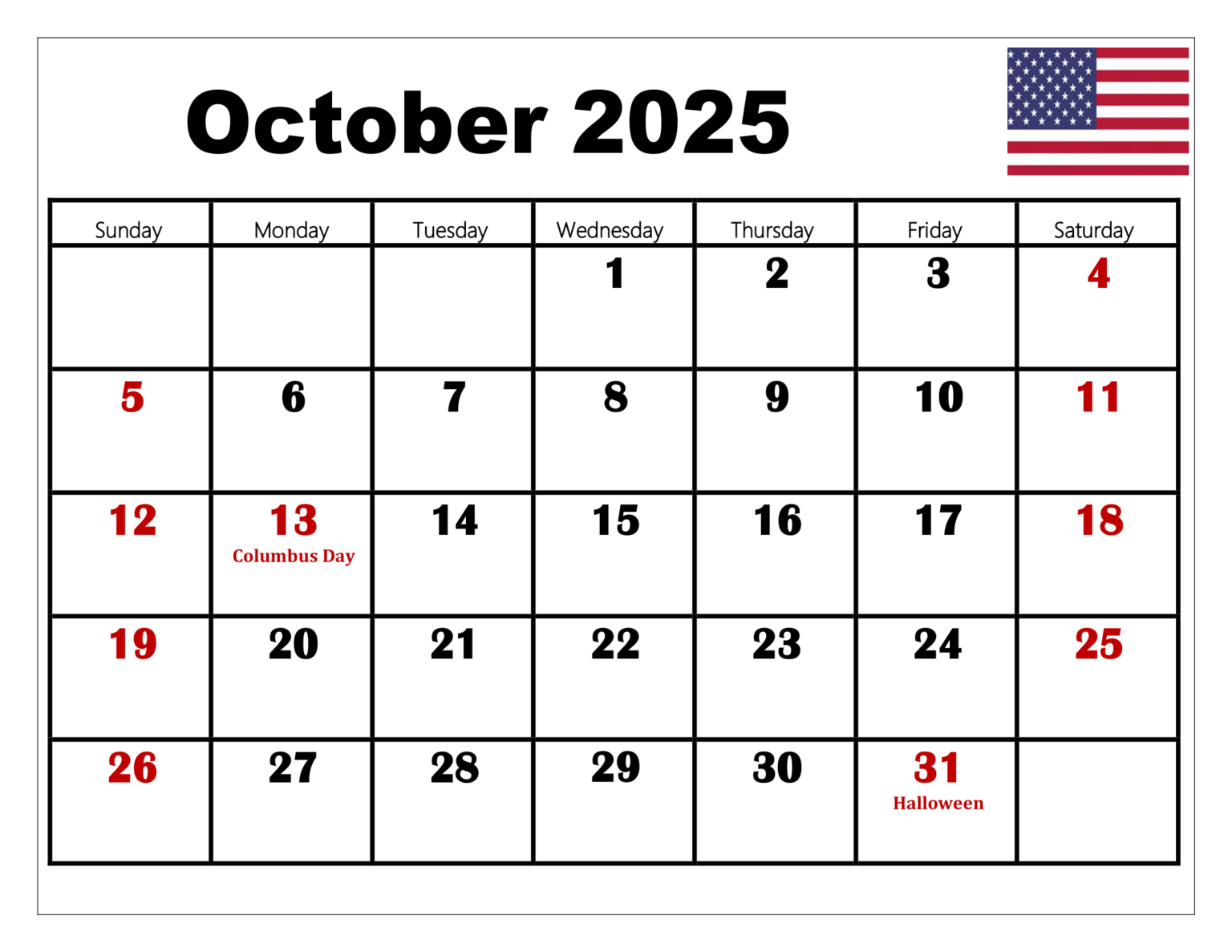 October 2025 Calendar Printable PDF Template with Holidays