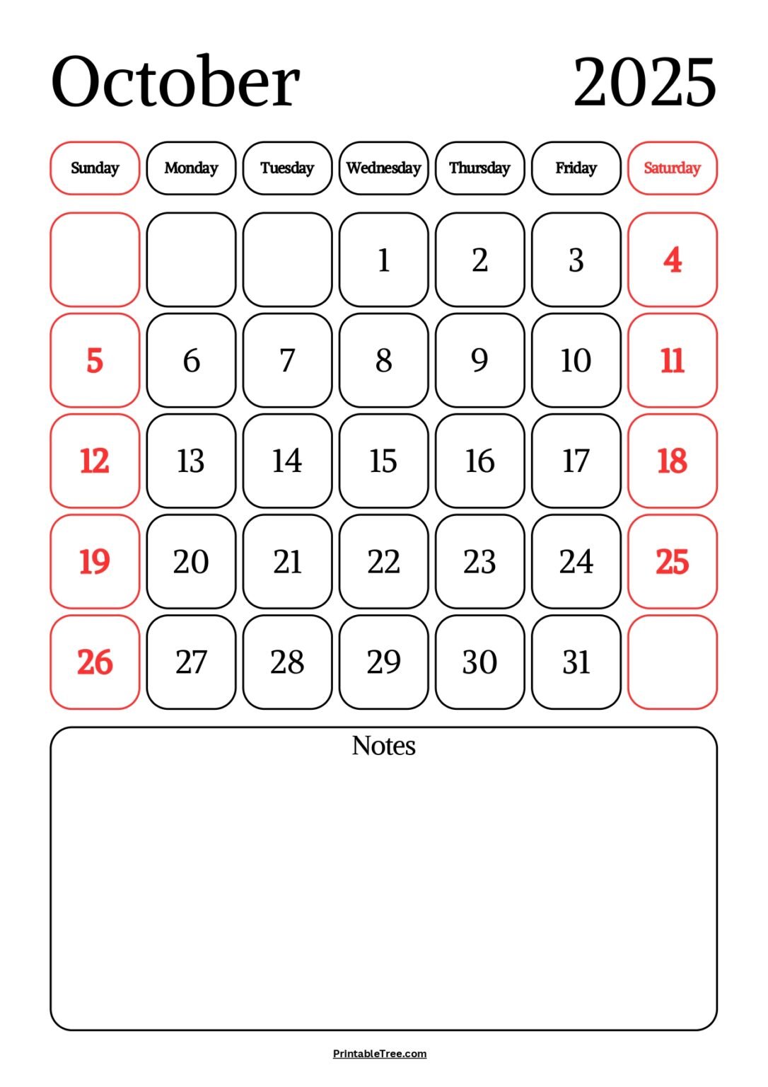 October 2025 Calendar Printable PDF Template with Holidays