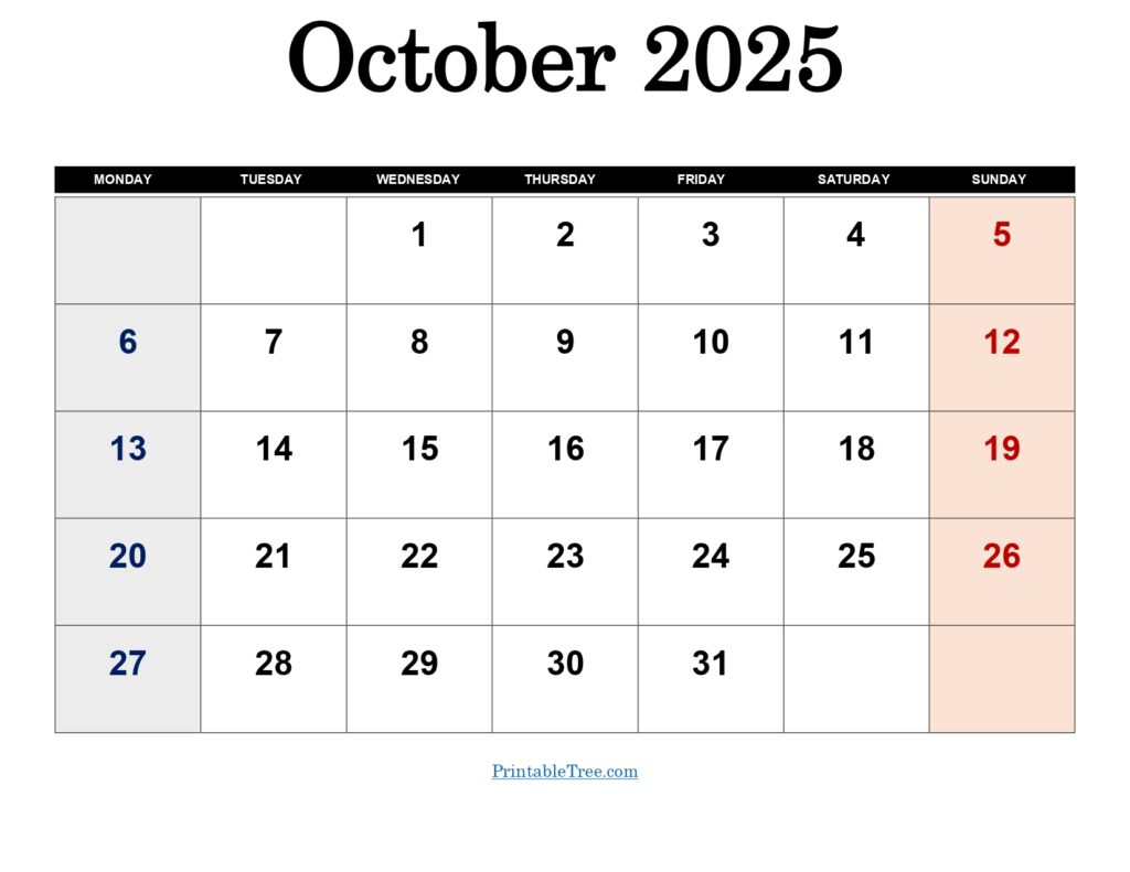 October 2025 Monday Start Calendar