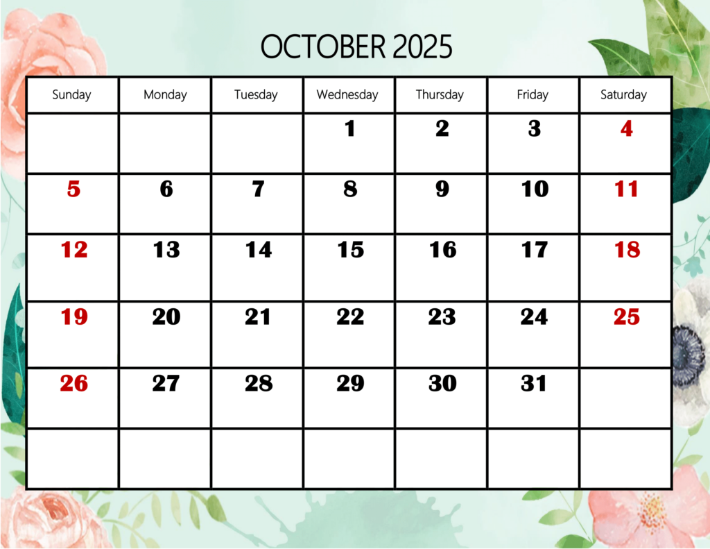 October 2025 Rose and Leaf Background Calendar