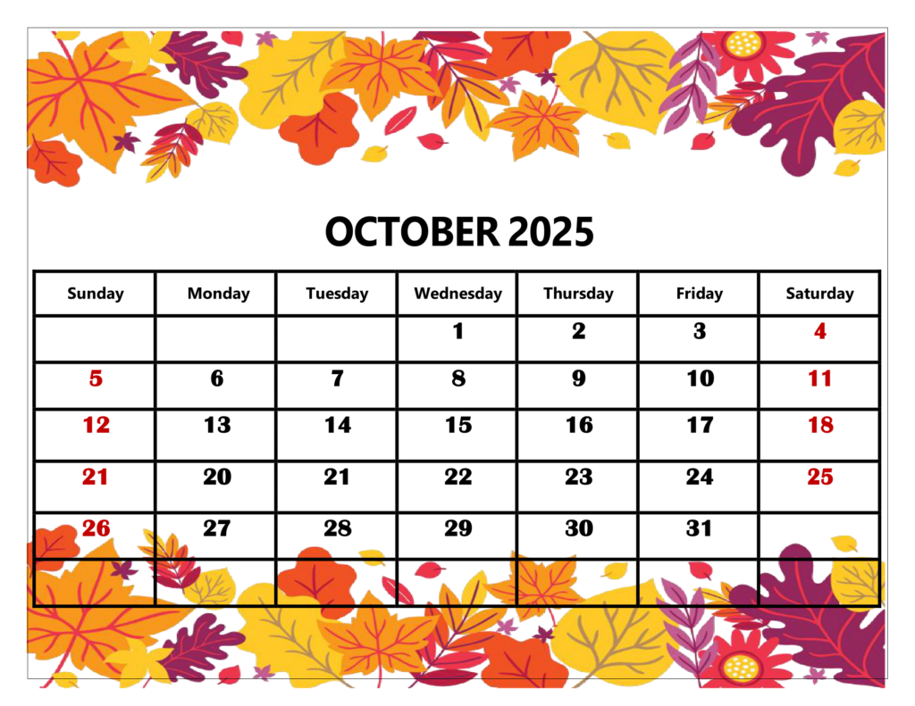 October 2025 Yellow Leaf Calendar Printable