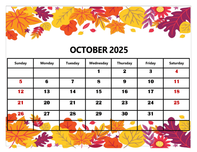 October 2025 Calendar Printable PDF Template with Holidays