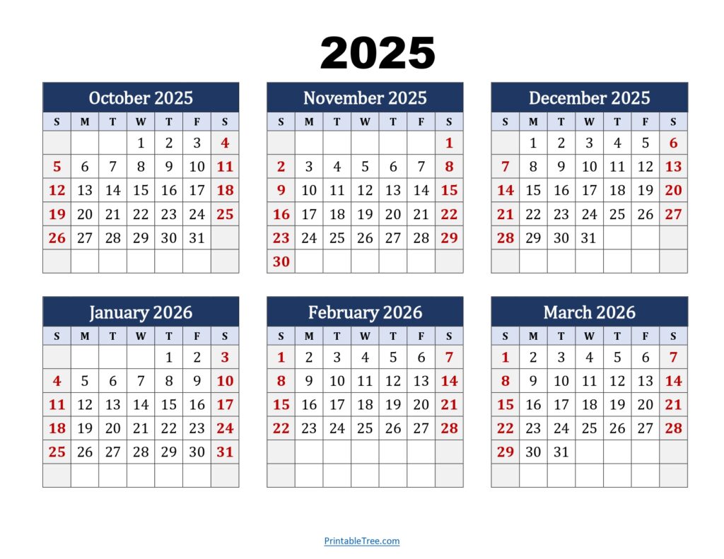 October 2025 to March 2026 Calendar