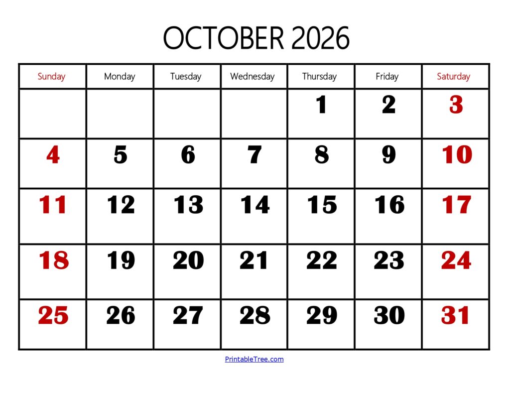 October 2026 Calendar Large Number