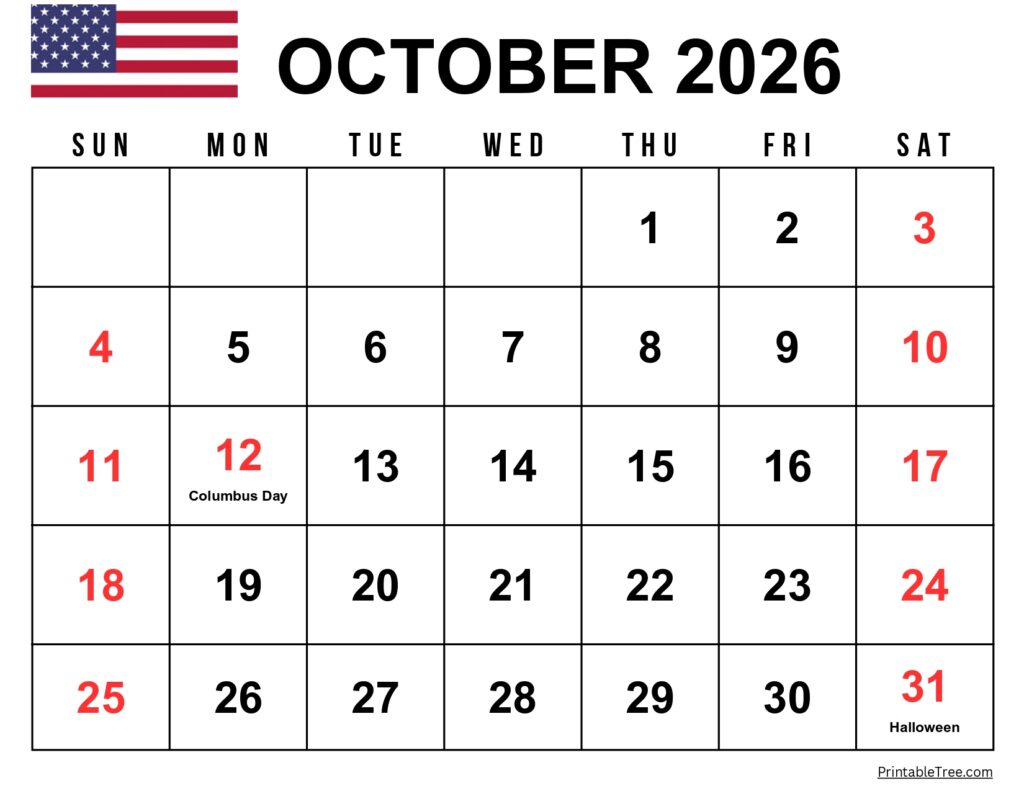 October 2026 Calendar with US Holidays