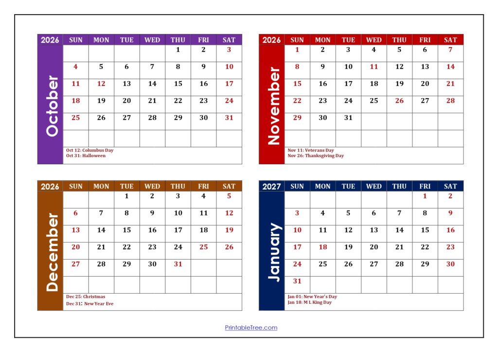 October 2026 to January 2027 Calendar with Holidays