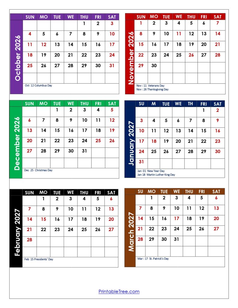October 2026 to March 2027 Calendar with Holidays