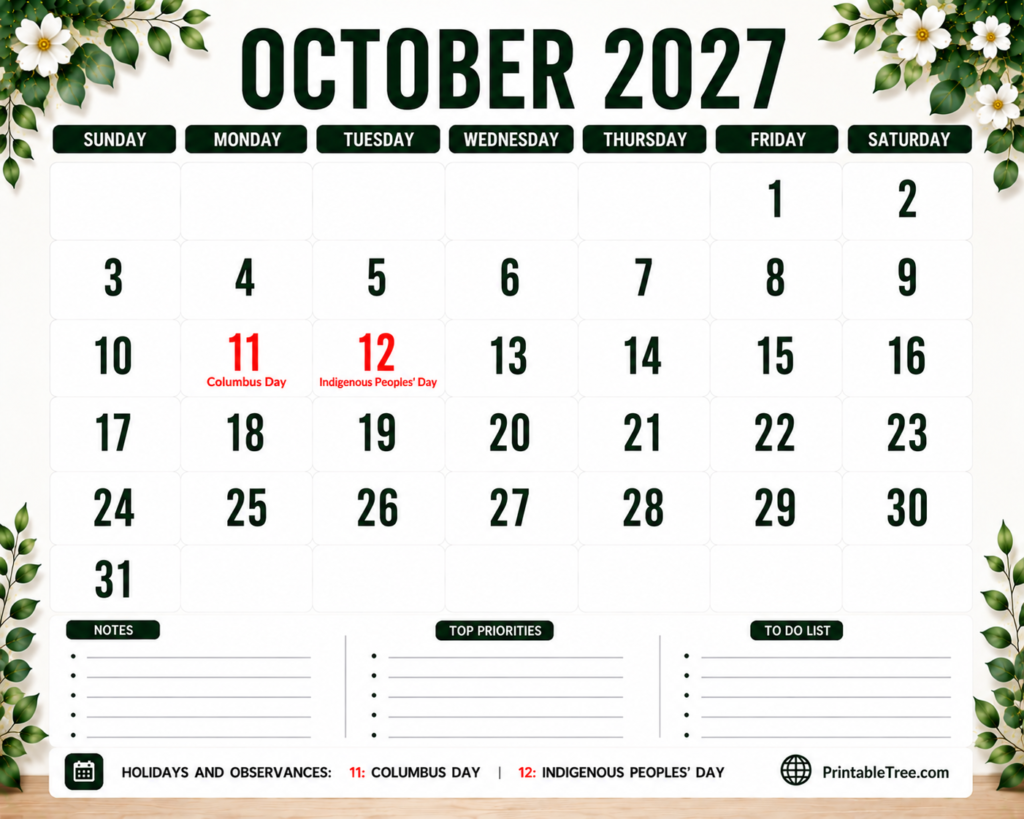 October 2027 Calendar Floral Style